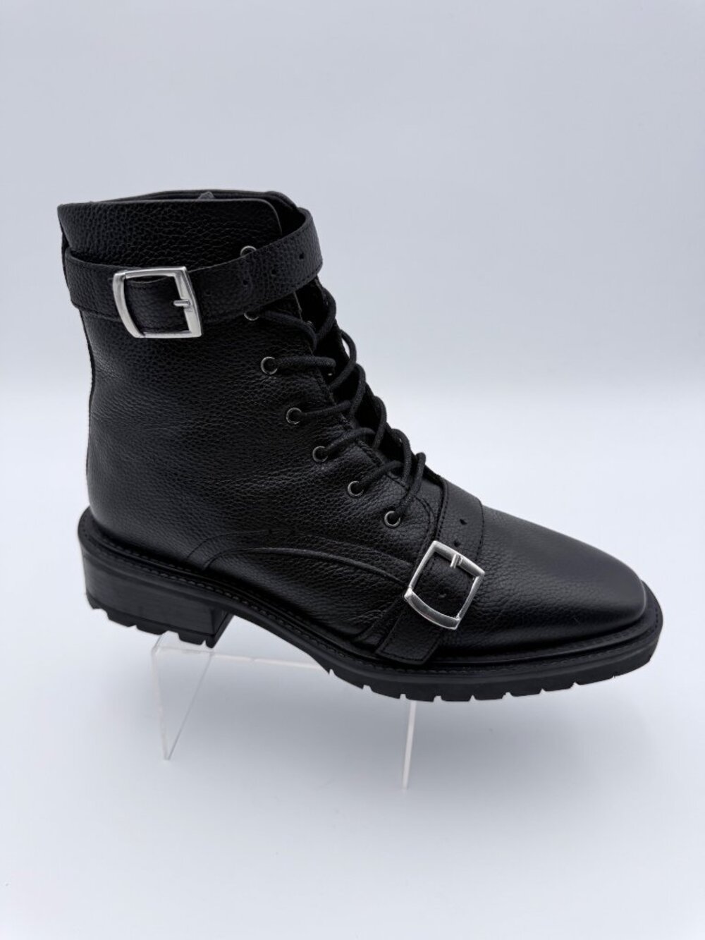 asos Womens Astrid Chunky Black Leather Lace-Up Combat Boots  Buckle Strap Sz 9